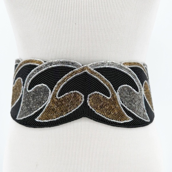 Vintage Satin Beaded Belt Black Gold Silver Pewter - Picture 8 of 8